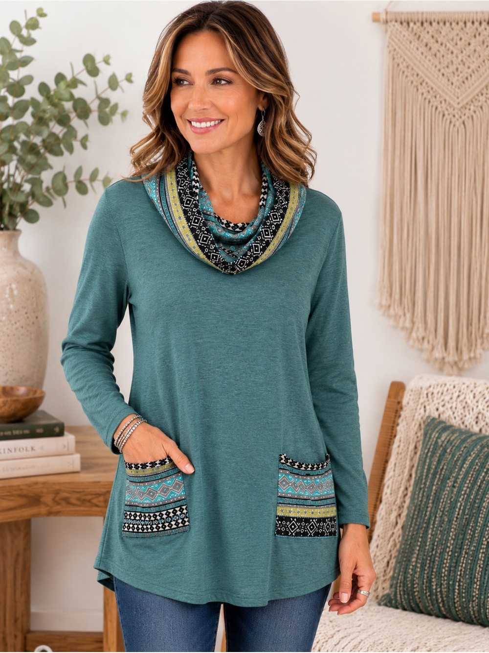 MOQIVGI Green long-sleeve tribal print cowl neck tunic size 2XL